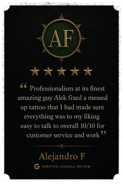 Five-star Google review from Alejandro F praising Alek the Saint for professionally repairing a bad tattoo and providing excellent work.