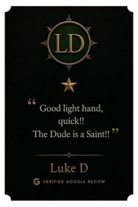 Accidental one-star Google review from Luke D saying Alek the Saint has a light hand, works quickly, and is “a Saint.”