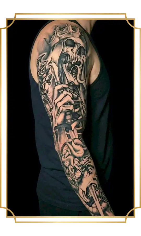 Blackwork full sleeve tattoo with crowned skull, woman's face and surreal imagery