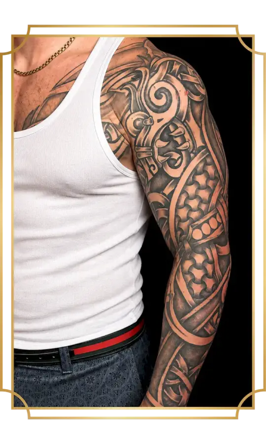 Polynesian-style blackwork sleeve tattoo with bold geometric and scale patterns
