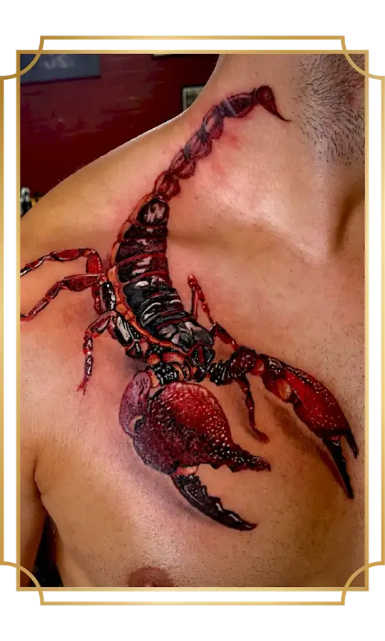 Color-realism red scorpion chest tattoo with a raised tail, armored black body, detailed legs and oversized claws by Alek the Saint