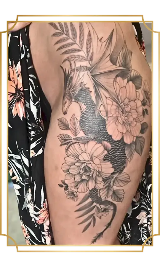 Blackwork dragon and floral tattoo with detailed flowers and leaves on the thigh