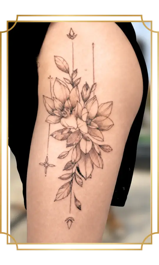 Ornamental floral fine-line upper-arm tattoo in San Marcos with layered blossoms, botanical leaves, vertical lines and delicate geometric accents