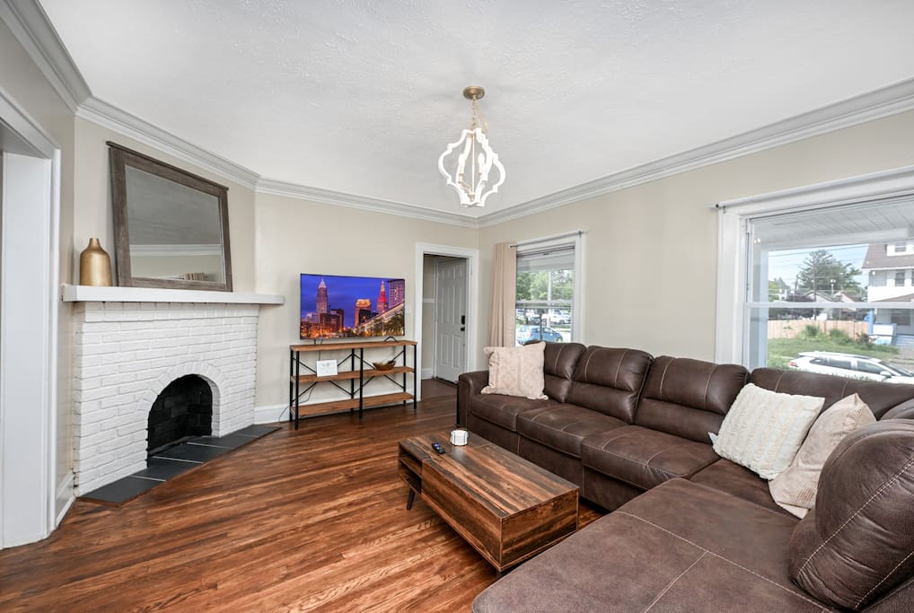 Comfortable living room with fireplace for displaced families needing temporary housing Comfortable living room with fireplace for displaced families needing temporary housing