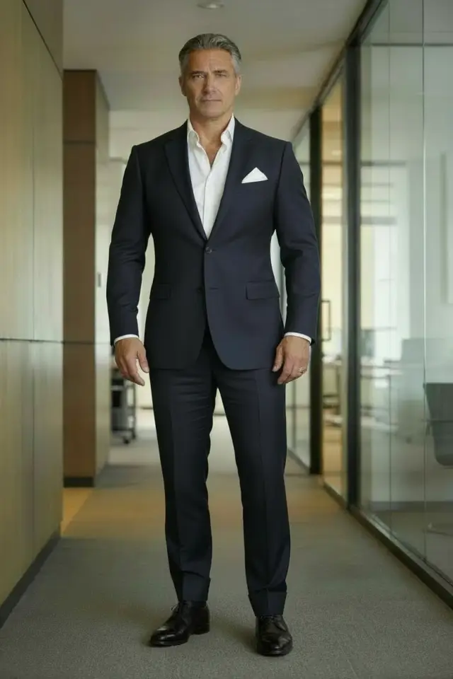 A man in a custom charcoal suit with a white dress shirt and white pocket square