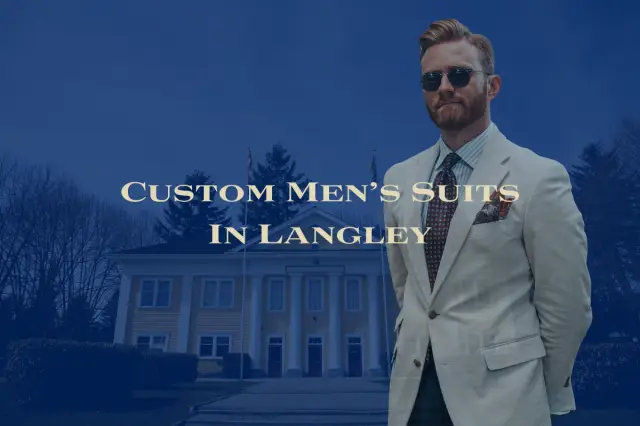 Custom men's suits in Langley with the Fort Langley Community Hall in the background and a well dressed man in a sport coat, dress pants and tie.