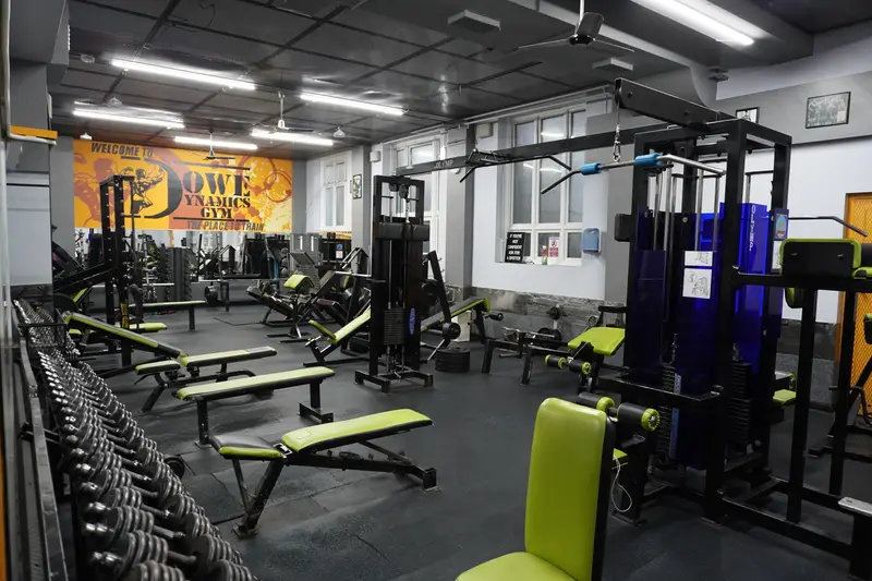 The main floor: free weights and benches