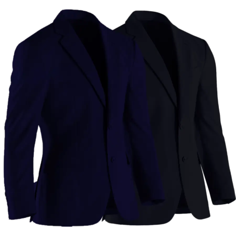 A navy suit jacket and a charcoal suit jacket side by side, the first two suits a man should own