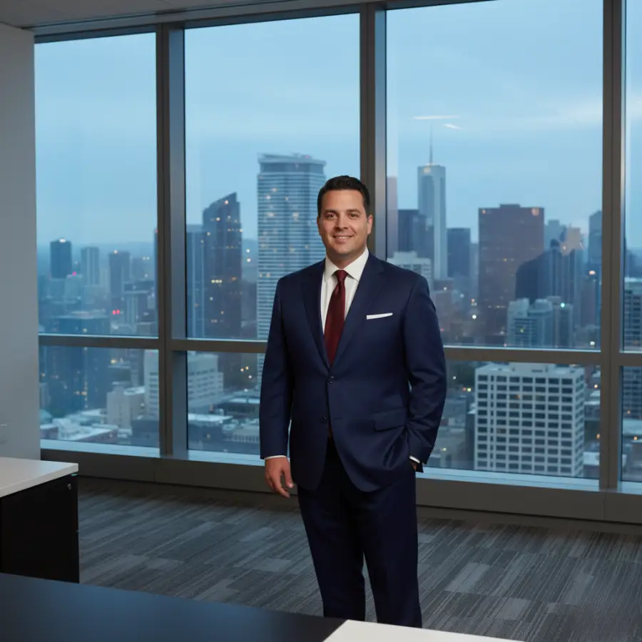 A professional man standing in a board room with a big city skyline. He is wearing an essential navy suit, white dress shirt, white pocket square and tie.