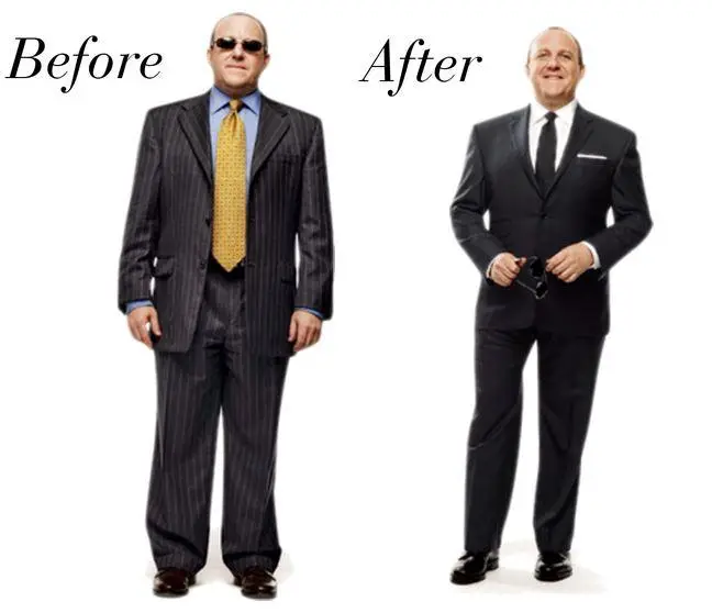 A larger gentleman in a suit that does not fit his body compared to one from Cardero that fits his frame perfectly