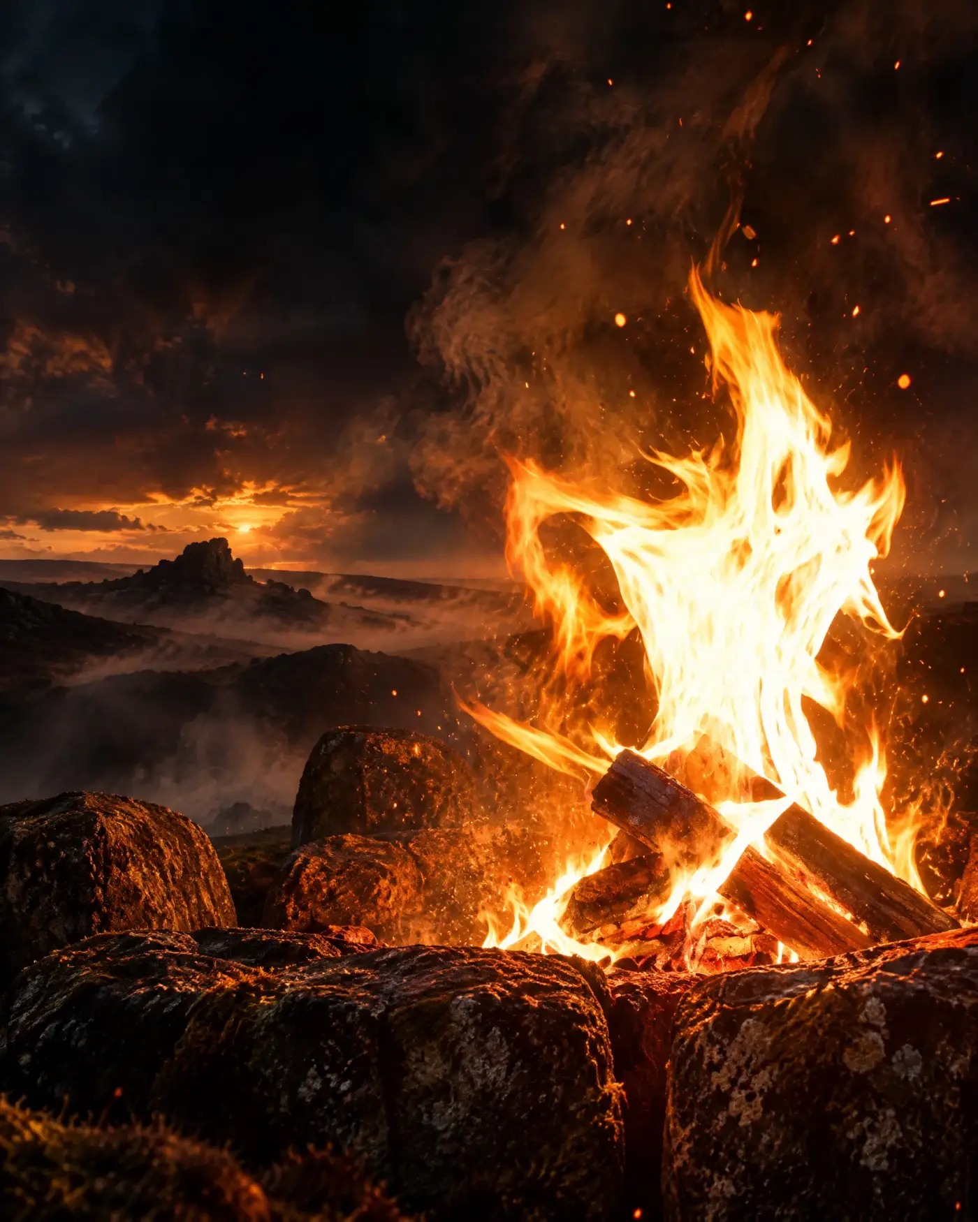A sacred fire burning on the land at dusk