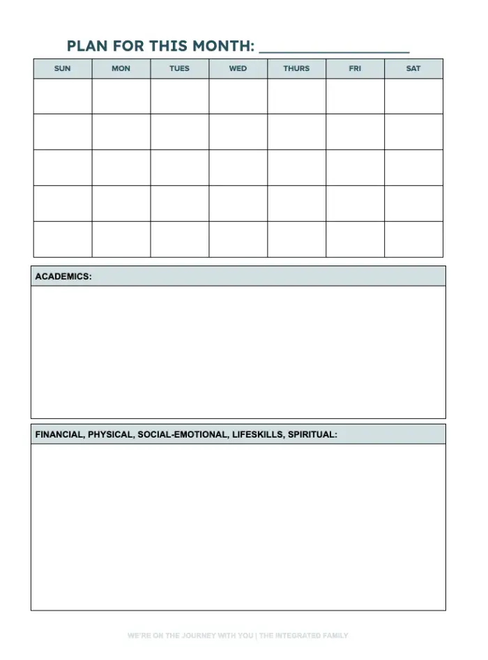 Monthly homeschool planning page
