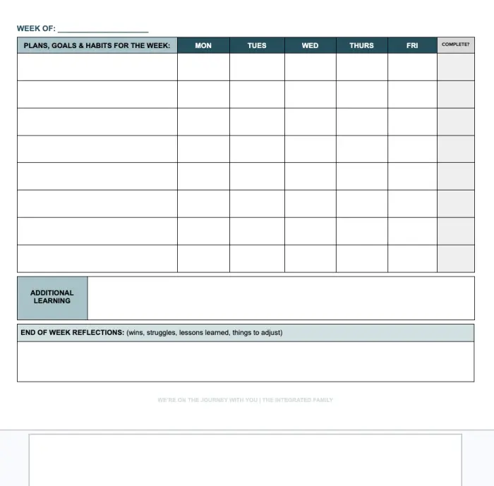 Weekly planning and reflection page