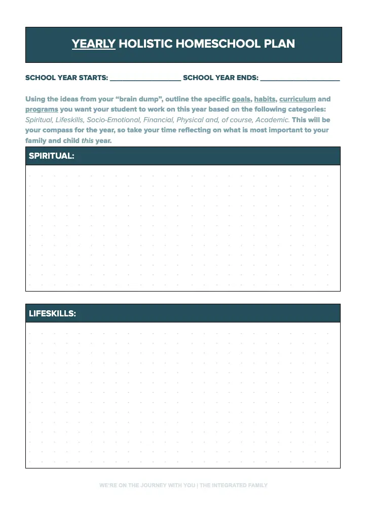 Yearly holistic homeschool planning page