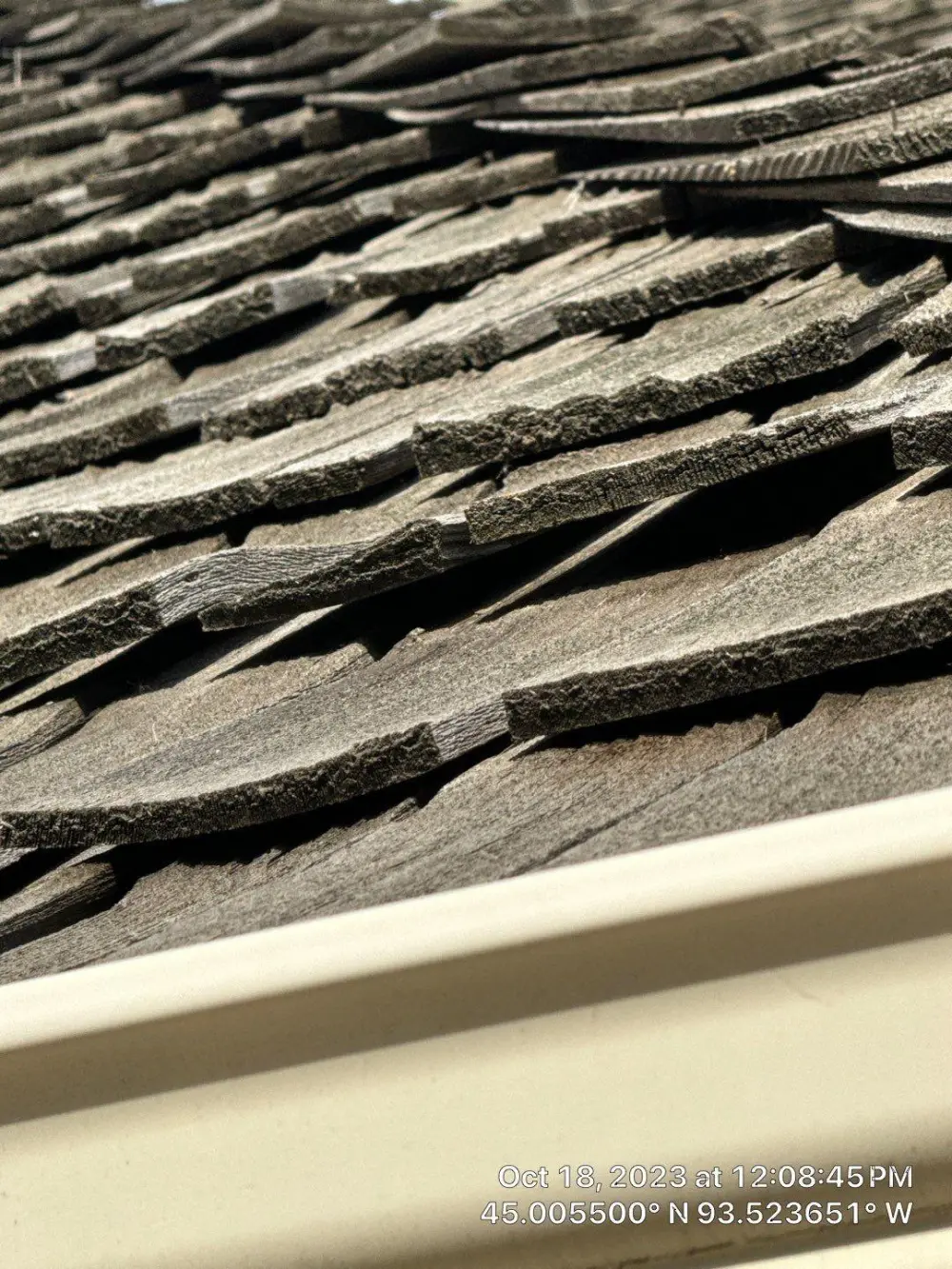 Curled cedar shakes above the gutter line on a roof near Lake Minnetonka