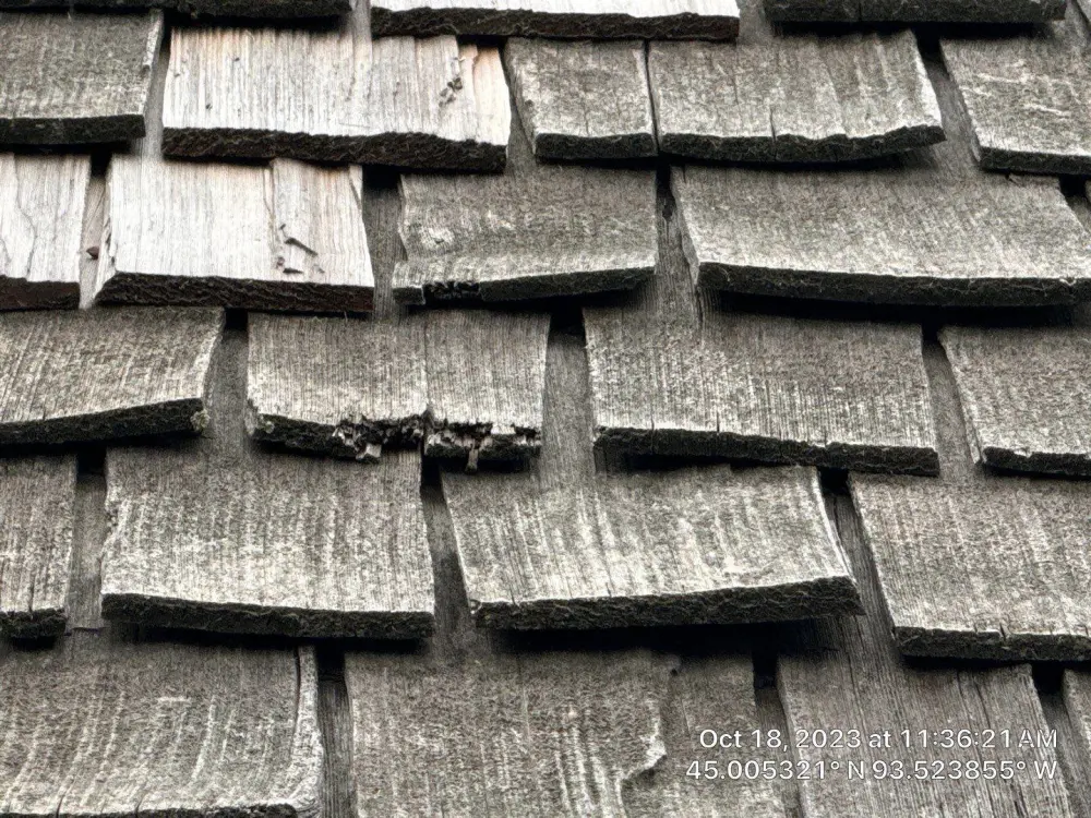 Cracked and cupped cedar shakes, the kind that can't be lifted without breaking