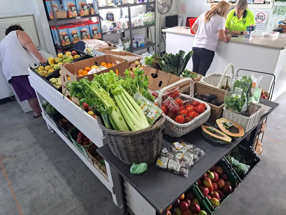 Fresh produce stand with celery, tomatoes and fruit, with Goodness volunteers in the background