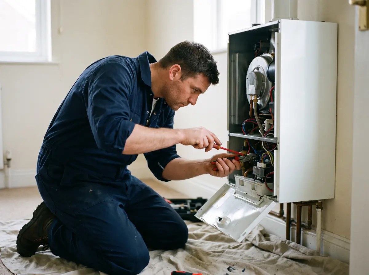 A heating engineer working at an open boiler.