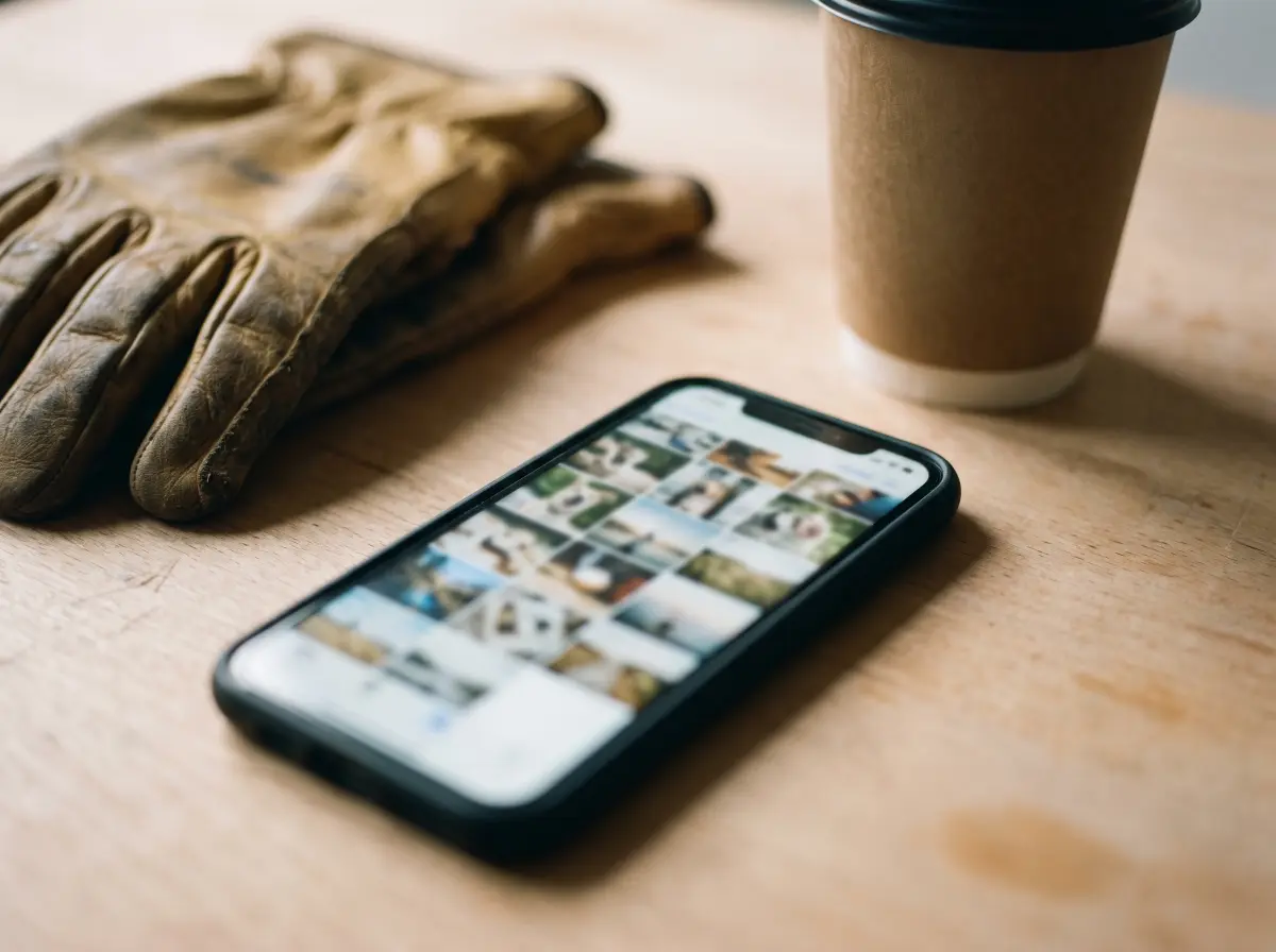 A phone showing a grid of content on a workbench, beside a coffee and work gloves.