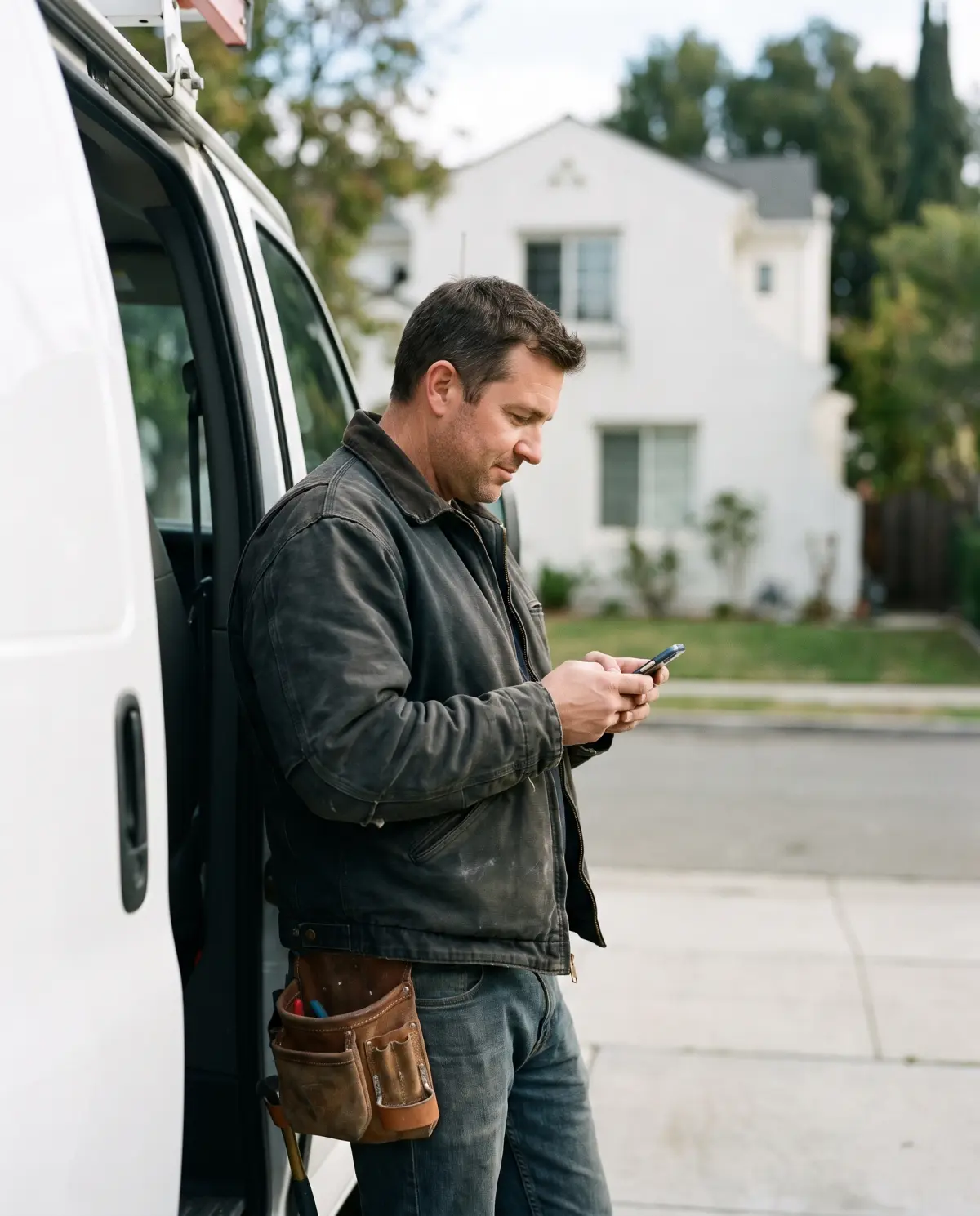 An electrician checking his phone at the open door of his van in the evening.