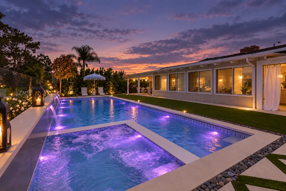 Lit pool and spa at twilight beside a single-story home