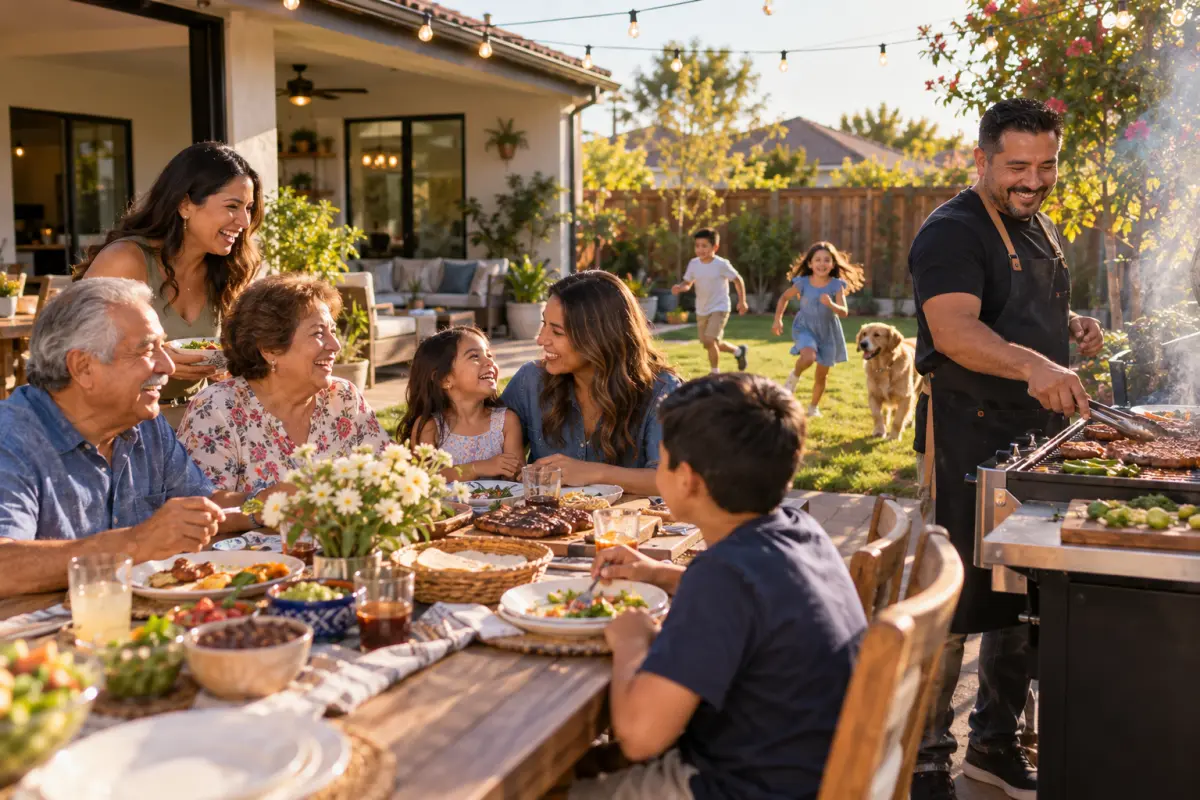 Familia latina de varias generaciones en una carne asada de domingo