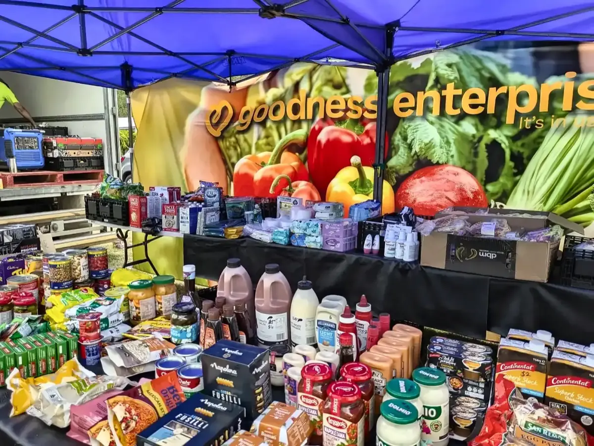 Fresh fruit and vegetables on display at a Goodness Enterprises community market in Ipswich