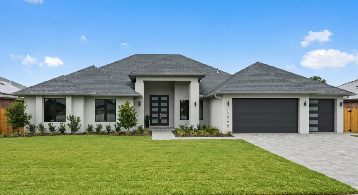 Modern home exterior with a pristine new roof