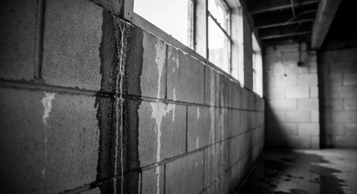 Residential basement showing authentic water damage on concrete foundation walls