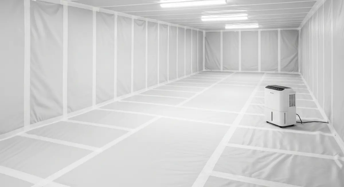 Professional basement and crawlspace encapsulation with clean white vapor barrier