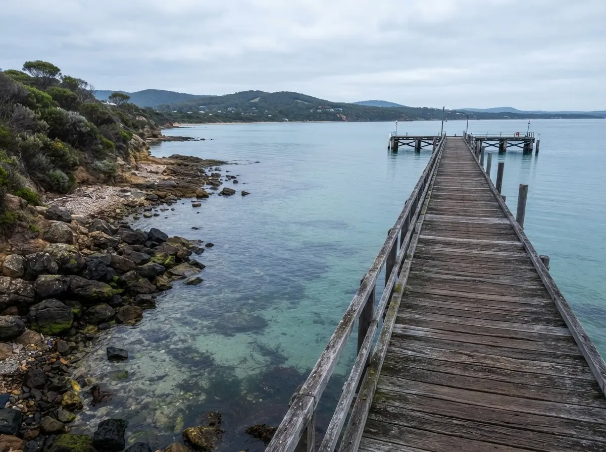 Flinders, VIC — weathered wooden pier and rocky shoreline on Western Port Bay, Mornington Peninsula
