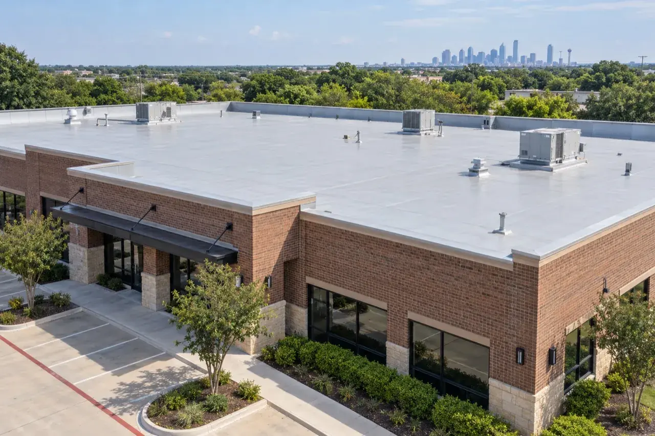 low-slope roof on a brick commercial property