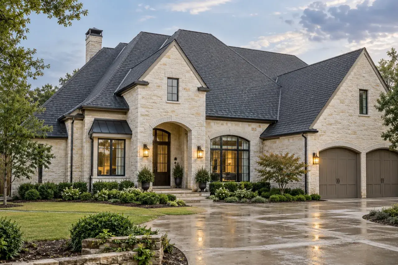 Texas stone home with a detailed dark shingle roof