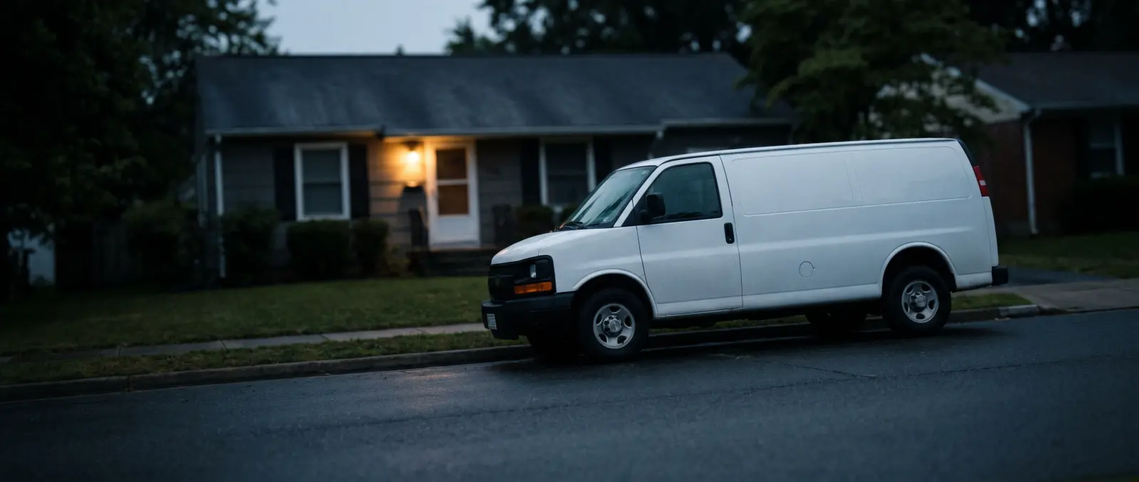 A work van parked outside a quiet house at night.