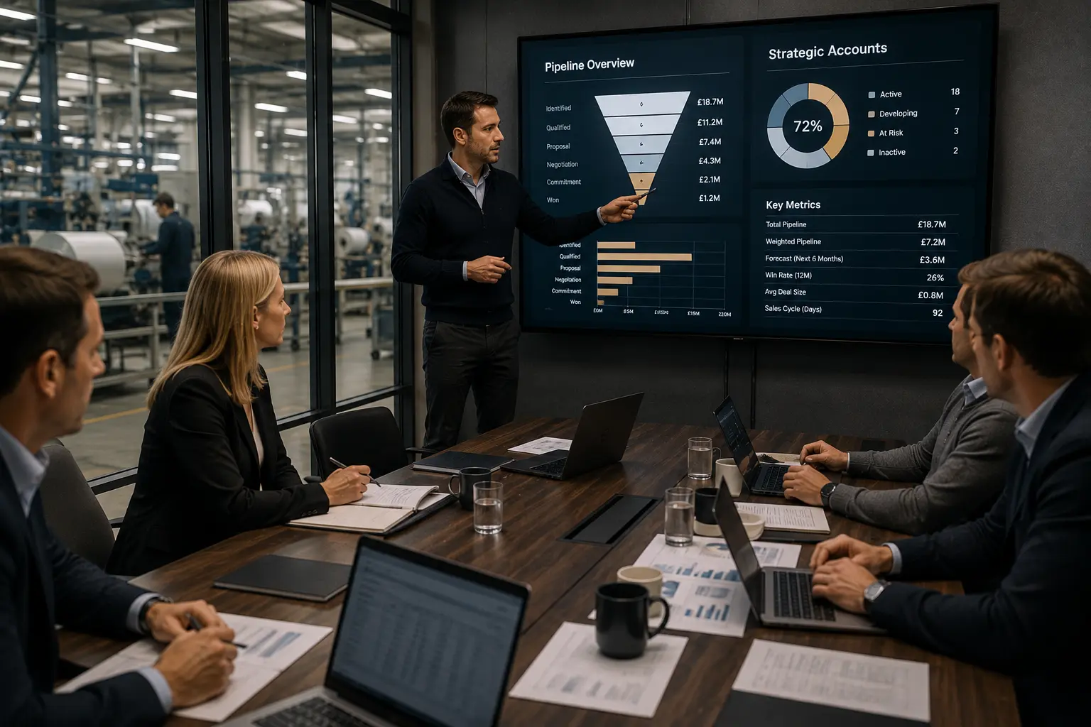 Manufacturing leadership team reviewing commercial performance data in a boardroom
