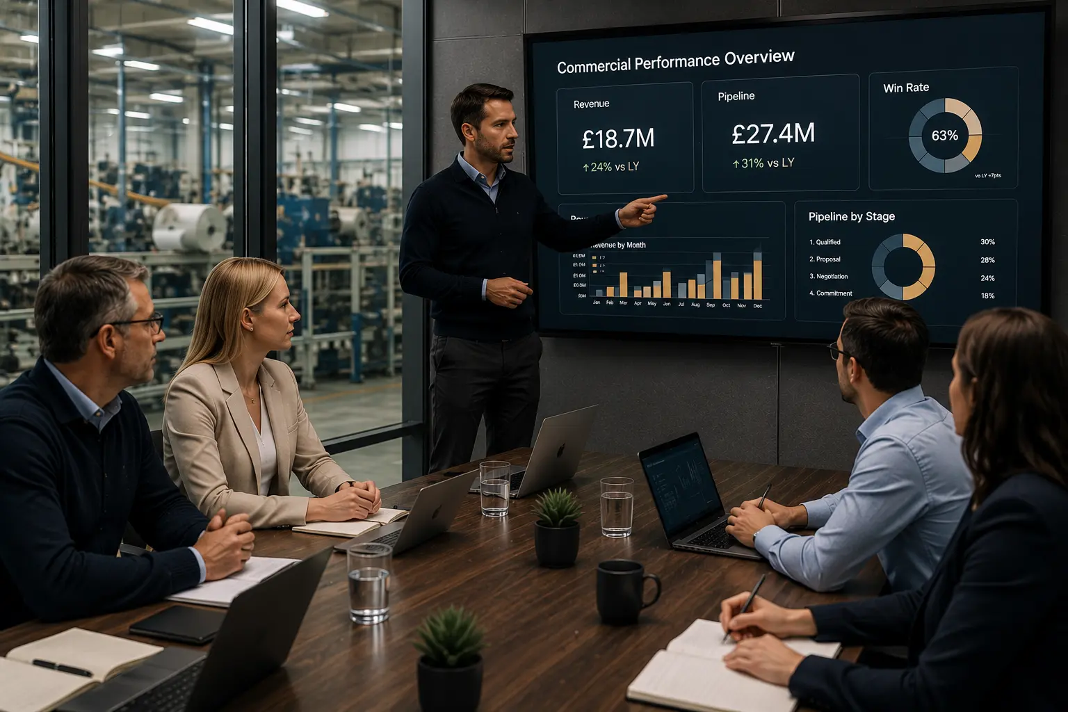 Leadership team reviewing revenue, pipeline and win rate on a commercial performance dashboard