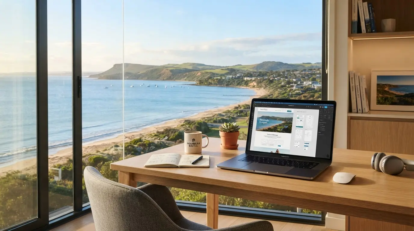 A web design workspace overlooking the Mornington Peninsula coastline
