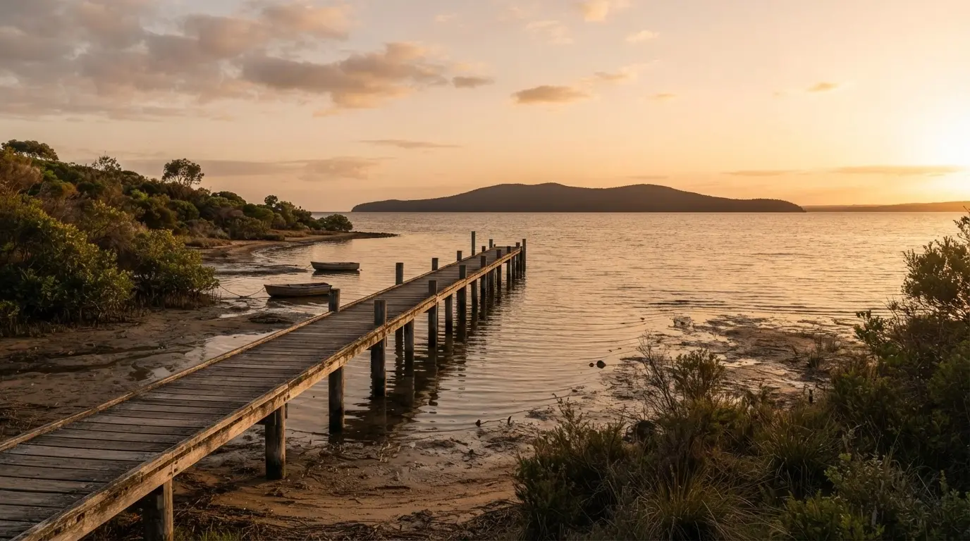 Crib Point, VIC — quiet wooden jetty over the shallow tidal waters of Western Port Bay, low mangroves and native coastal tea-tree scrub along the foreshore with the silhouette of French Island across the bay, Mornington Peninsula