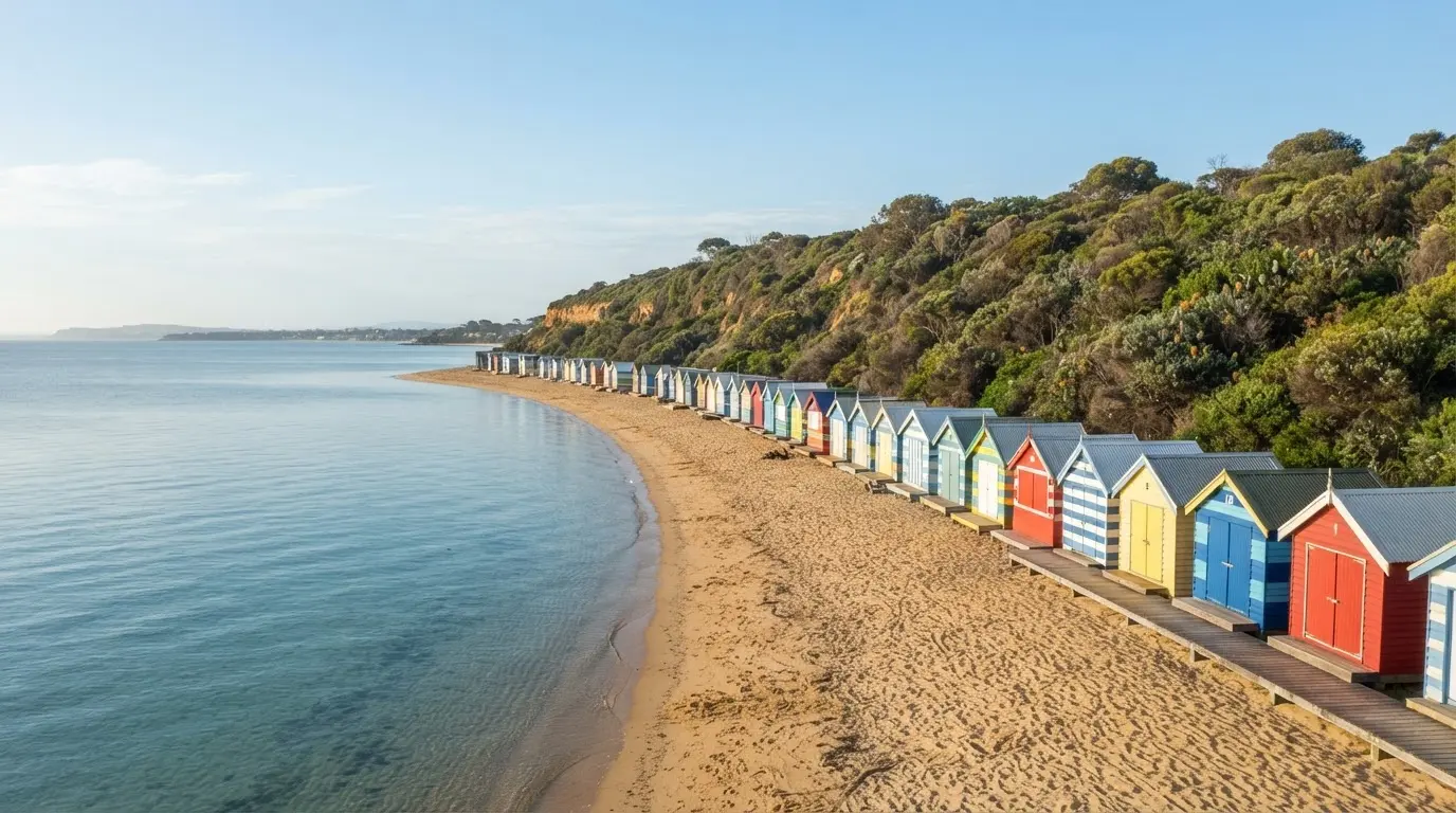 Mount Martha, VIC — golden sand foreshore, colourful historic bathing boxes and calm Port Phillip Bay, Mornington Peninsula