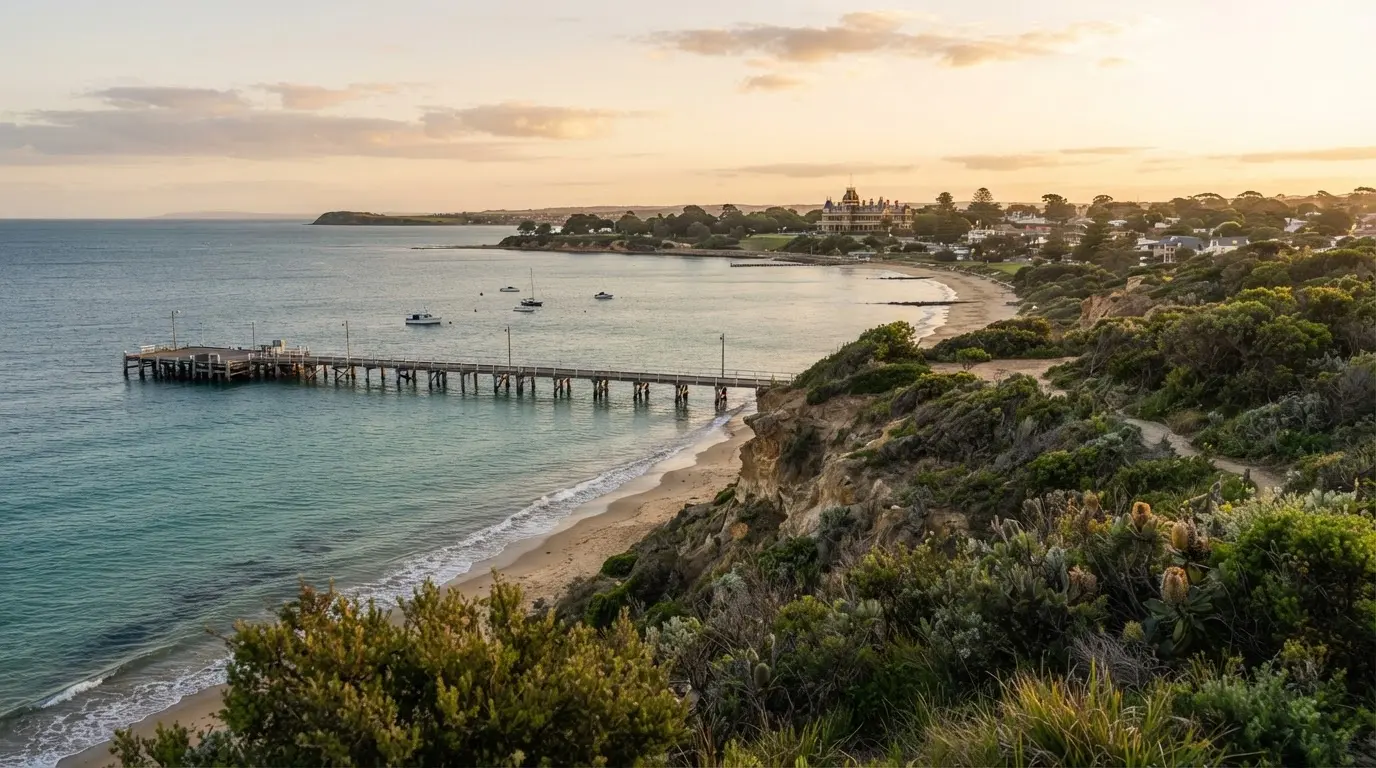 Portsea, VIC — cliff-top foreshore above Port Phillip Bay with a historic wooden pier, native coastal tea-tree scrub and golden evening light, Mornington Peninsula