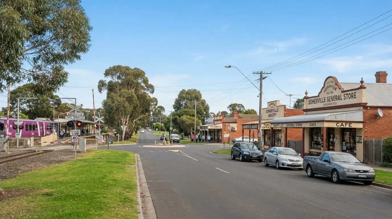 Somerville, VIC — quiet main street with the railway level crossing and a small roundabout, modest single-storey local shops, a heritage-style general store with verandah, mature eucalyptus gum trees and grassy nature strips on the Mornington Peninsula