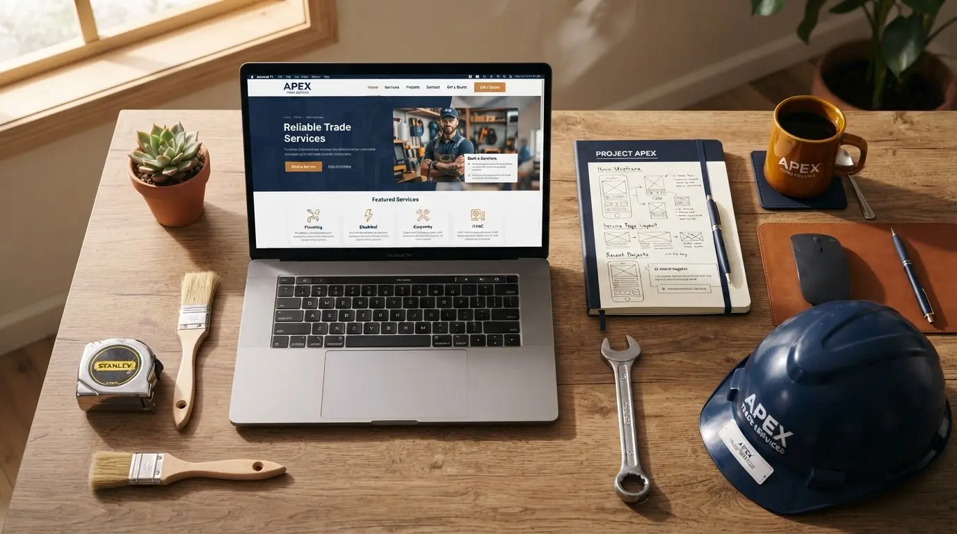 A web design workspace with a laptop showing a website wireframe and trade tools on a desk