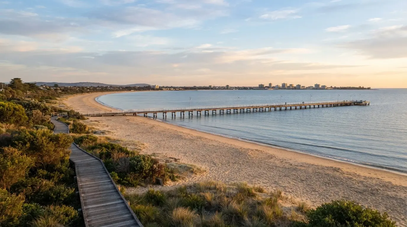 Frankston, VIC — sandy foreshore, Frankston Pier and calm Port Phillip Bay at golden hour, Mornington Peninsula