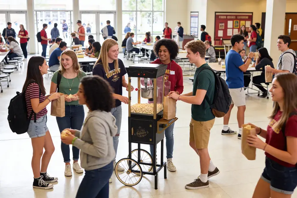 Students pick up popcorn at an orientation day event