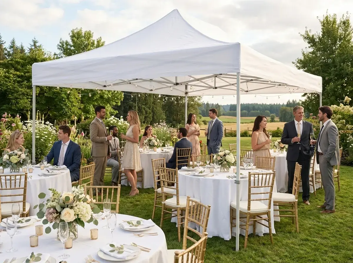 A white canopy tent over round tables at an outdoor wedding reception