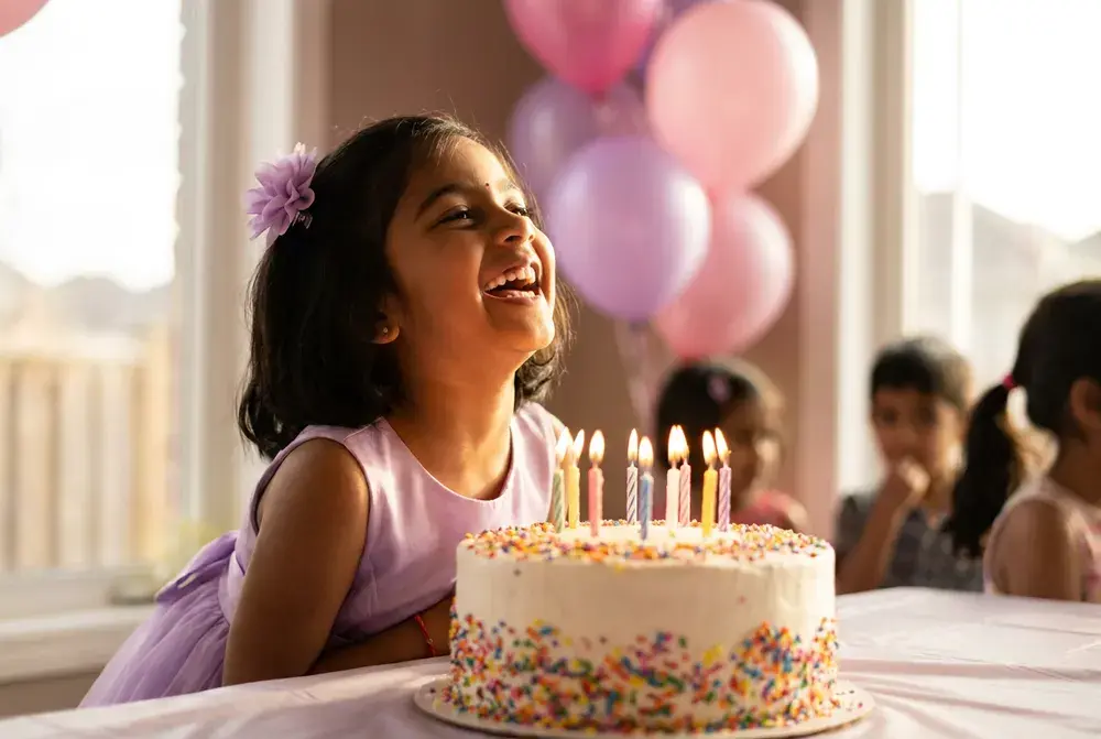 A girl in a lilac dress laughs in front of her birthday cake