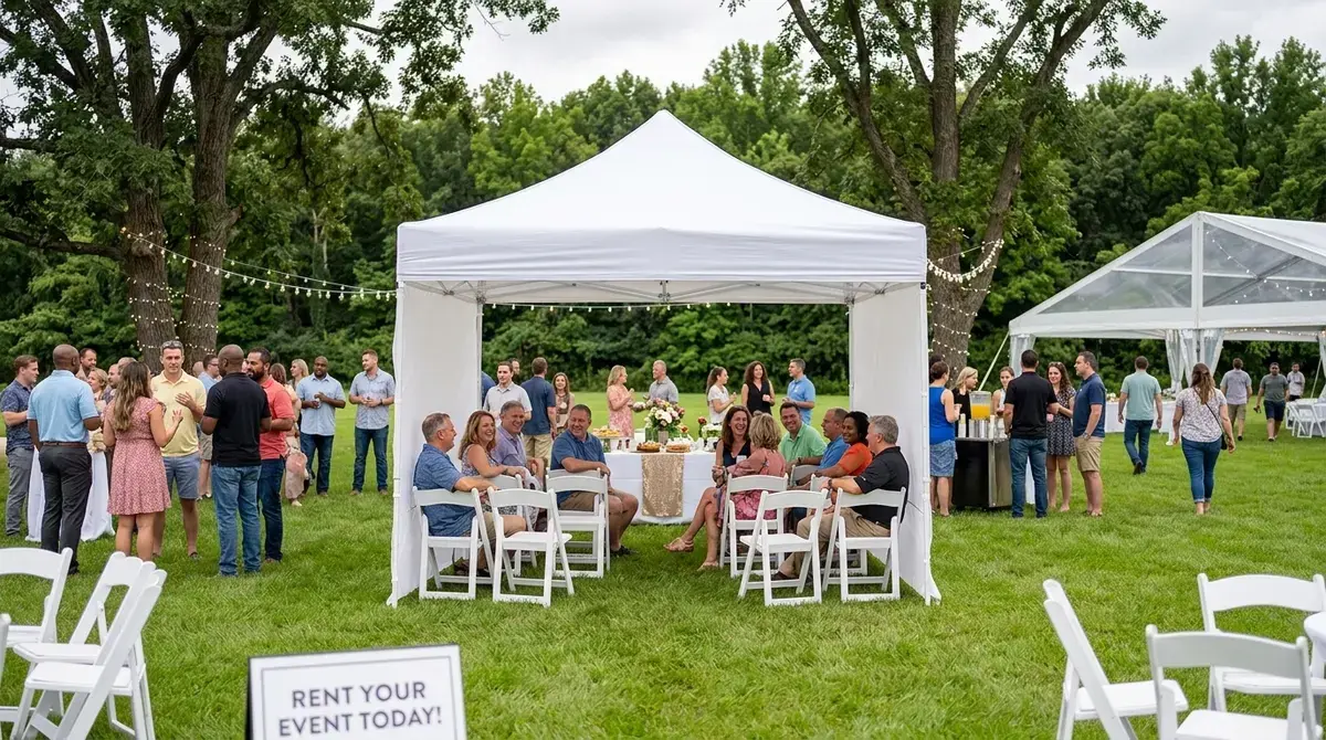 A white canopy tent over guest tables at a backyard party