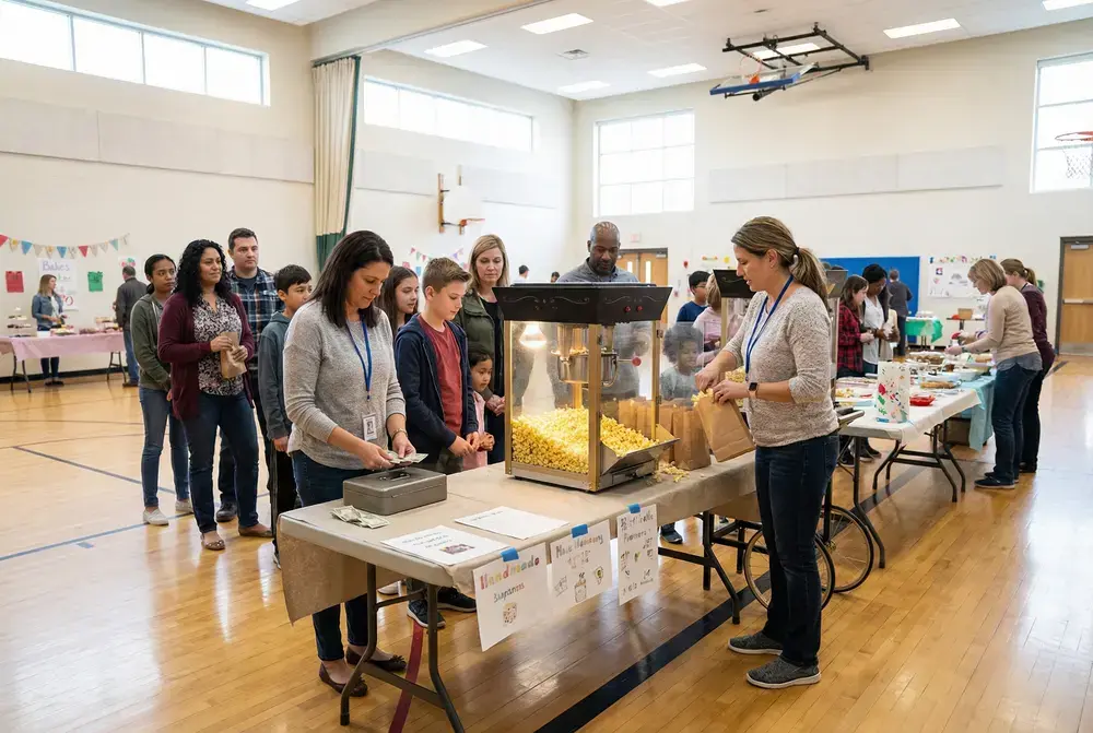 Volunteers serve popcorn at a school fundraiser table