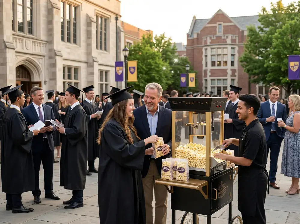 Graduates and families gather near a popcorn station after a ceremony