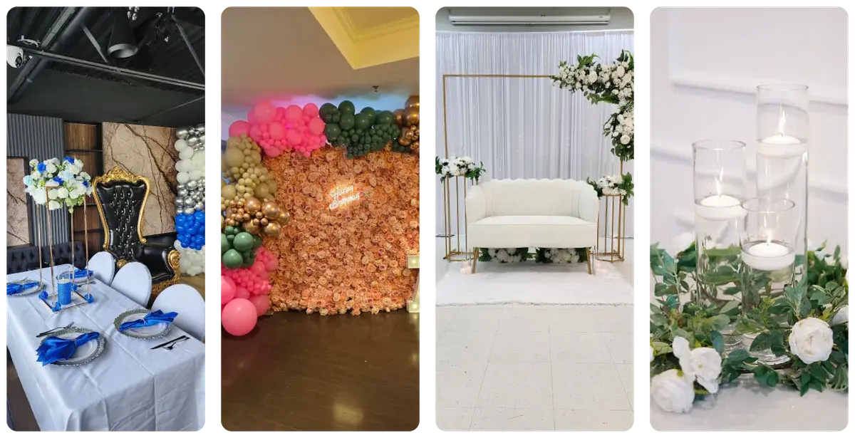 K's Royal Party Rentals event decor collage: a dressed head table, a flower wall with balloons, a white love seat under a gold arch and candle centrepieces